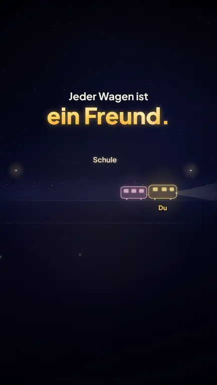 Ein leuchtender Zug in der Nacht. Text: Jeder Wagen ist ein Freund.